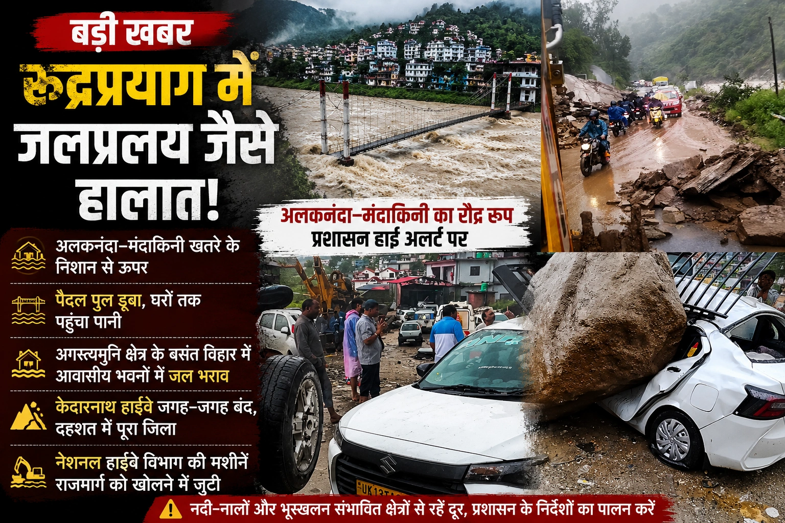 रुद्रप्रयाग में जलप्रलय का कहर! अलकनंदा–मंदाकिनी खतरे के निशान से ऊपर, पैदल पुल डूबा, केदारनाथ हाईवे कई जगह बंद